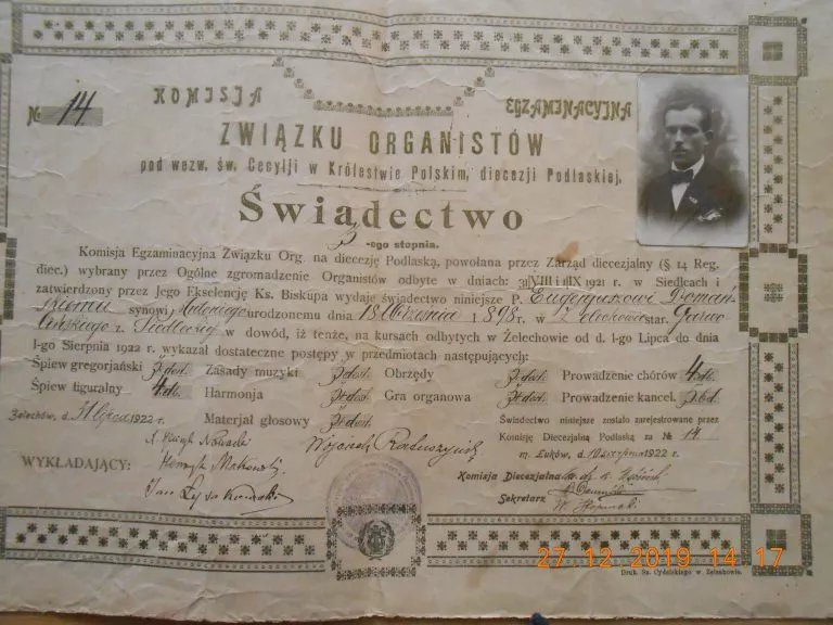 Świadectwo 3-go stopnia wydane przez Komisję Egzaminacyjną Związku Organistów pod wezw. św.Cecylii w Królestwie Polskim, diecezji Podlaskiej